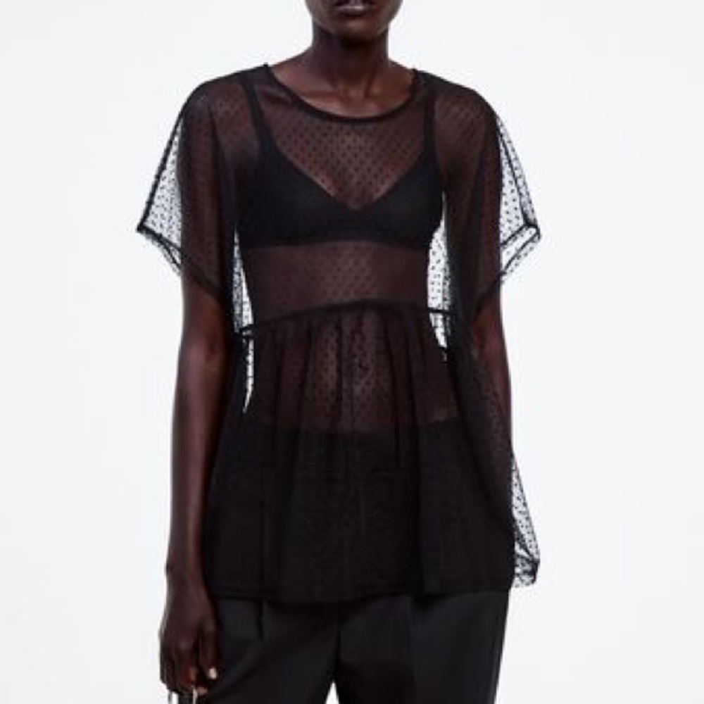 Zara Black Dot Sheer Mesh Top Tee Size Medium